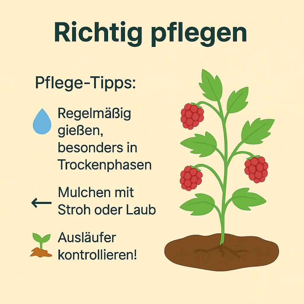 Illustration einer Himbeerpflanze mit Beeren und Symbolen für Wasser, Mulch und Wurzelausläufer.