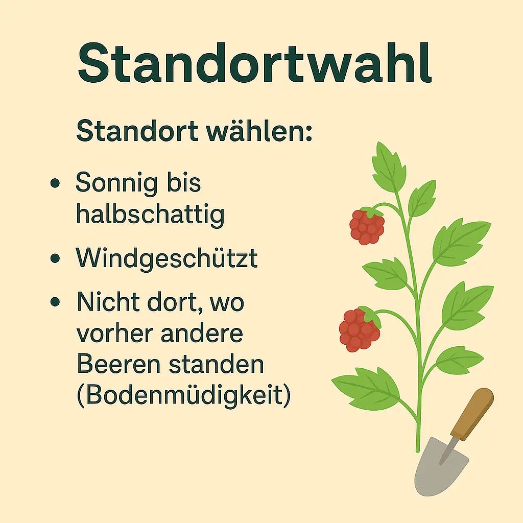 Illustration einer Himbeerpflanze mit Gartenschaufel.