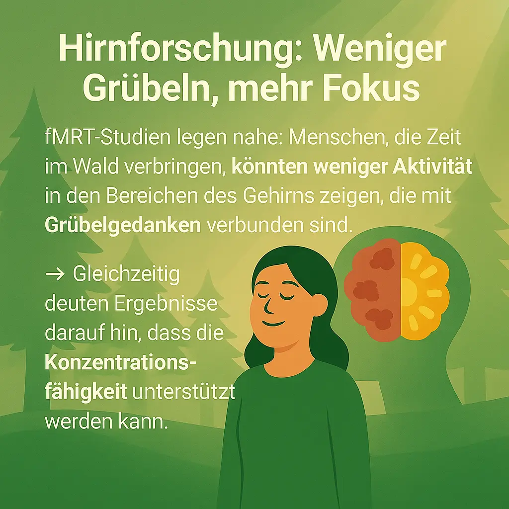 Frau im Wald mit Gehirn-Illustration, symbolisch für Ruhe und Konzentration.