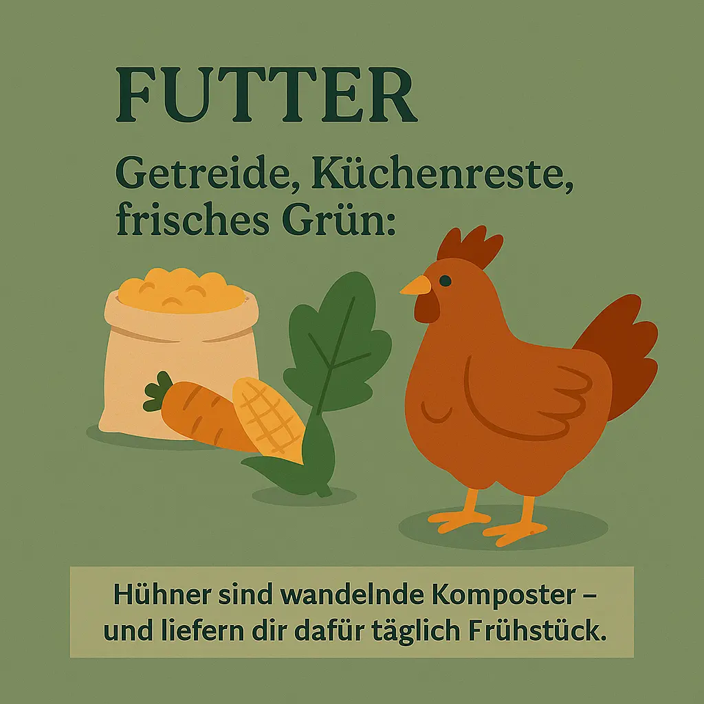 Huhn mit Getreide und Gemüse – Symbol für natürliche Fütterung.