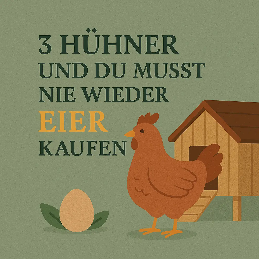 Huhn mit Ei und Stall – Symbol für eigene Eierproduktion im Garten.