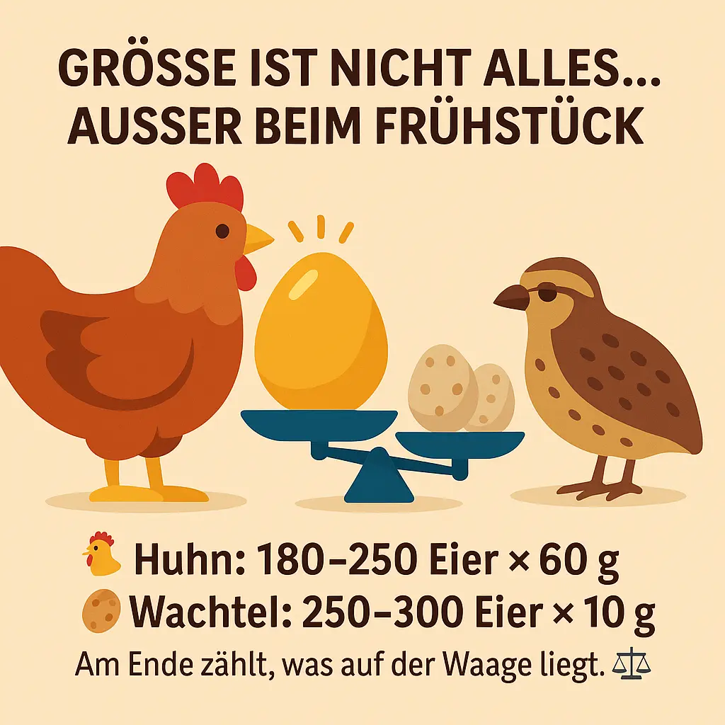 Huhn und Wachtel stehen vor Eiern auf einer Waage.