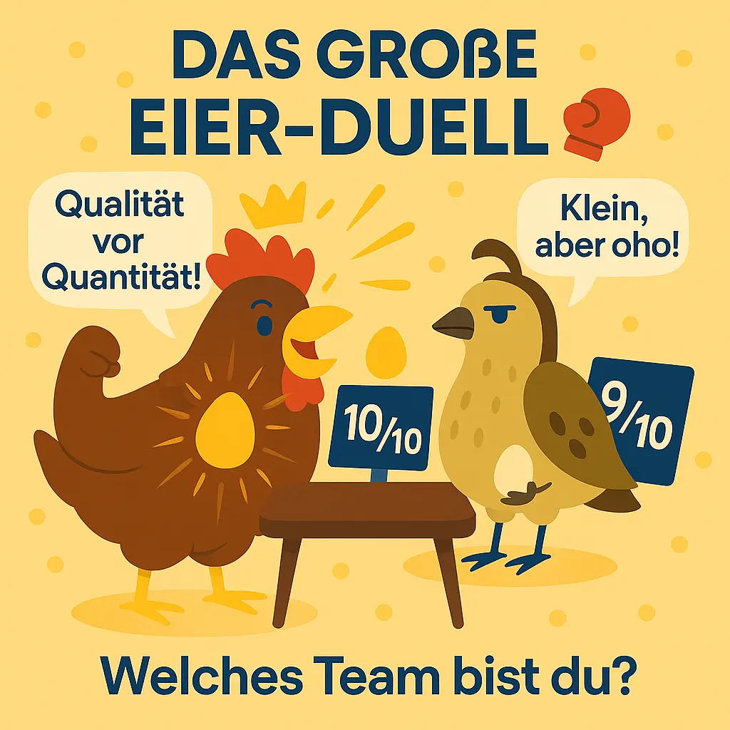 Huhn und Wachtel bewerten Eier mit Punktetafeln.