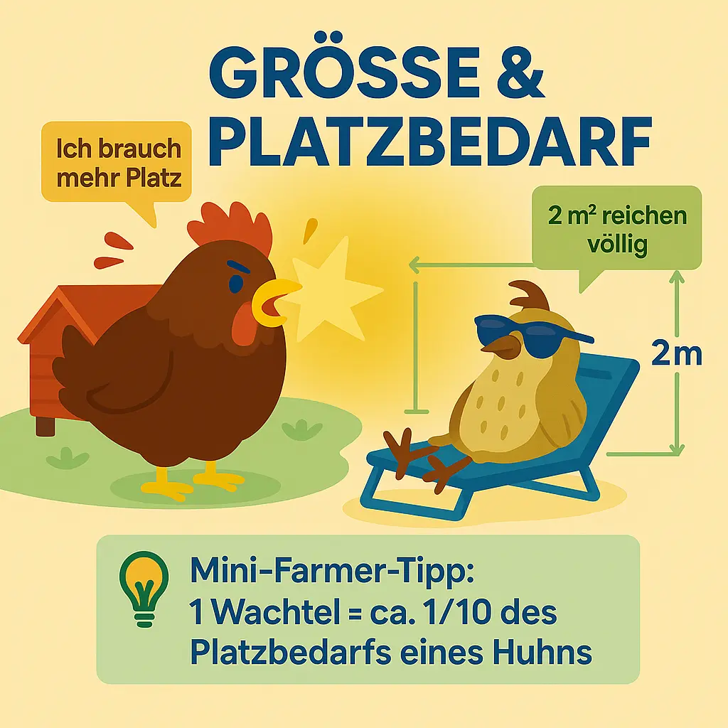 Huhn vor kleinem Stall, Wachtel liegt entspannt auf Liegestuhl.