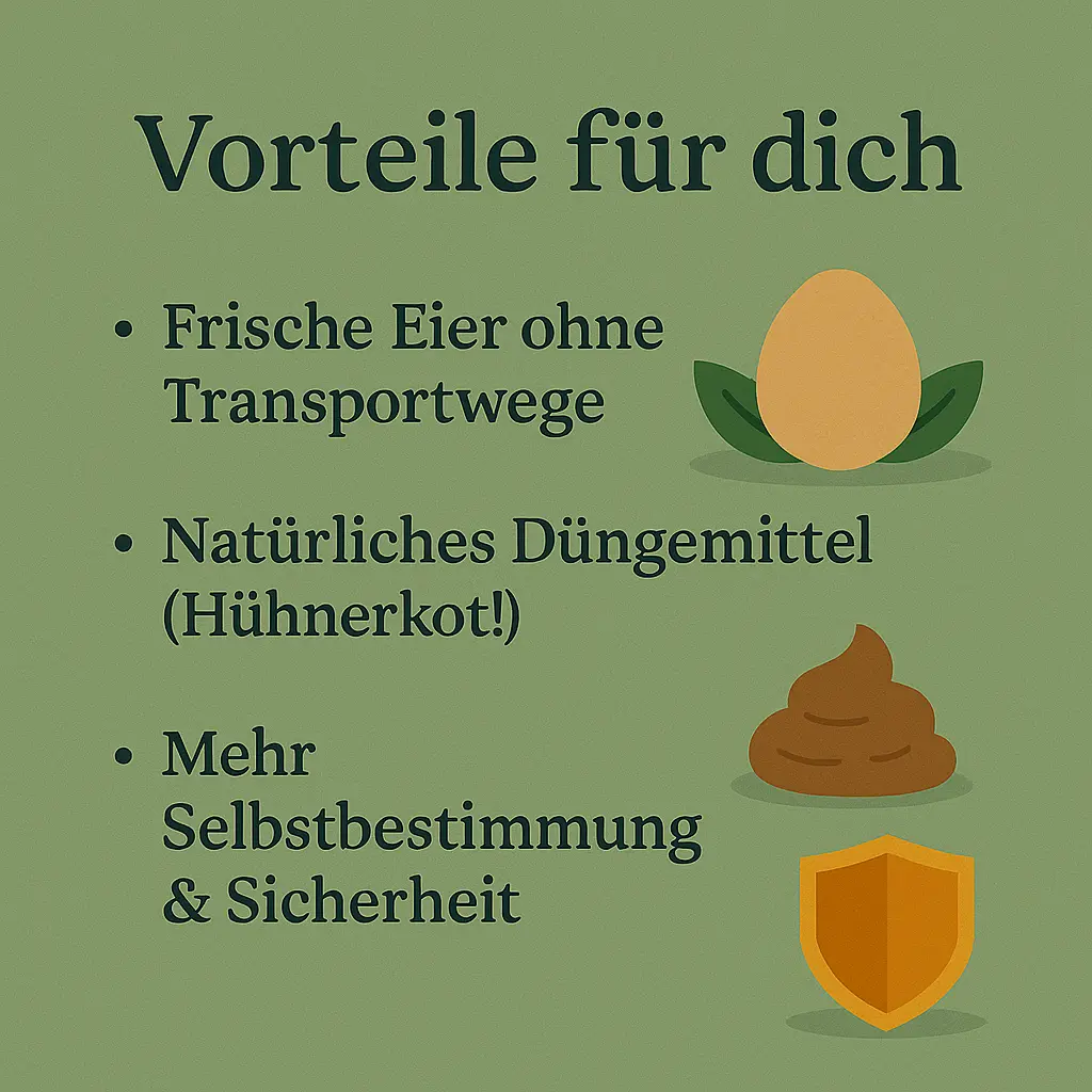 Icons für Ei, Dünger und Sicherheit – Vorteile der Selbstversorgung mit Hühnern.
