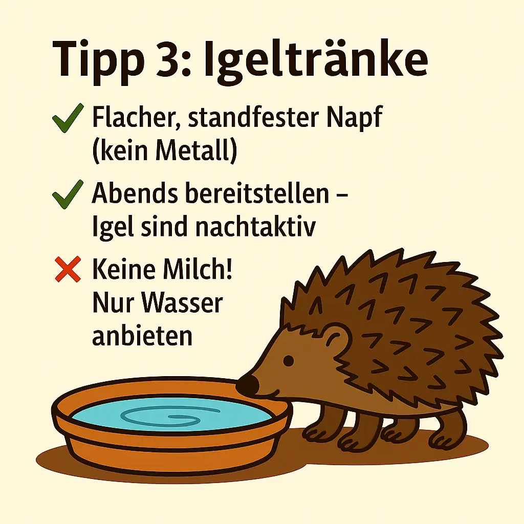 Igel trinkt aus einer flachen Wasserschale im Garten.