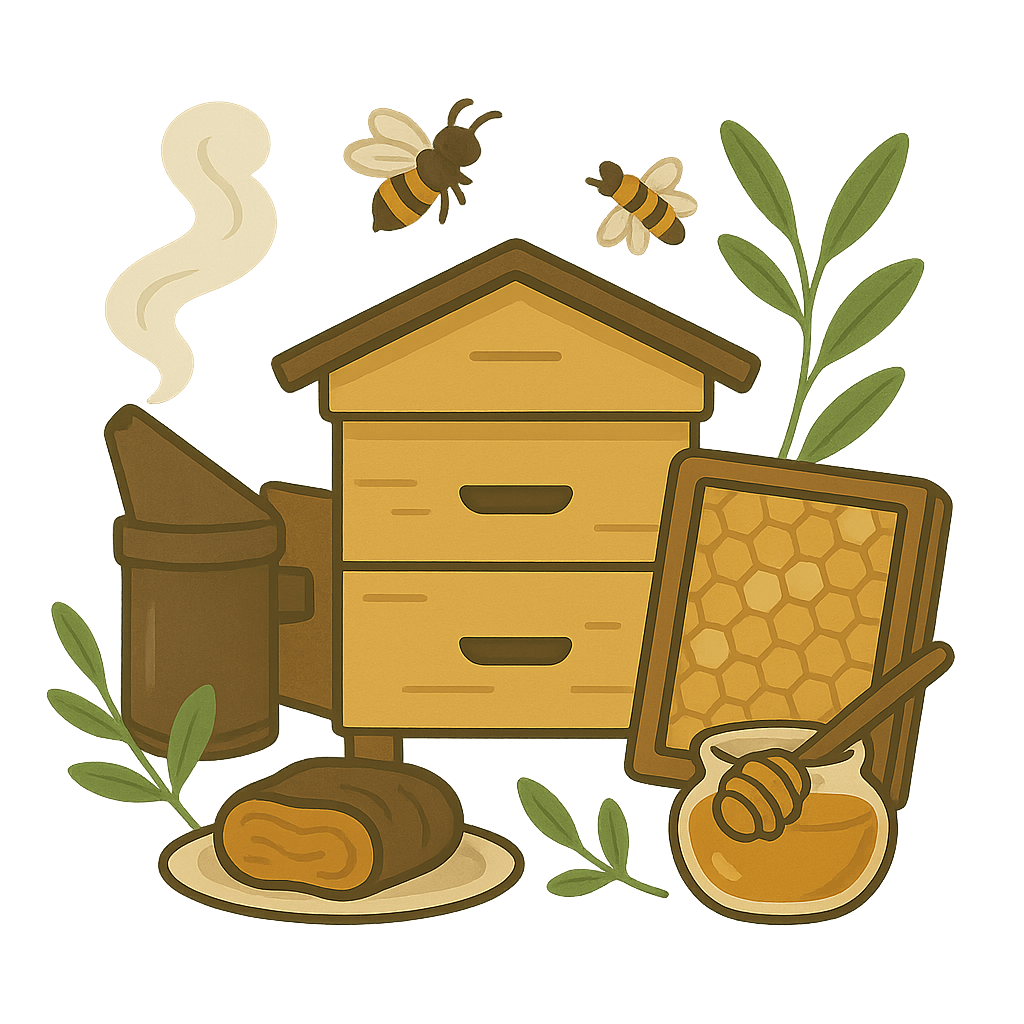 Bienenstock, Honig und Pflanzen – Symbol für Imkerei und Bienenhaltung.
