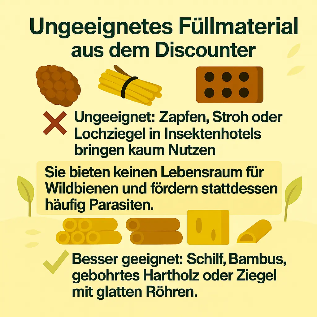 Illustration mit geeignetem und ungeeignetem Füllmaterial für Insektenhotels.