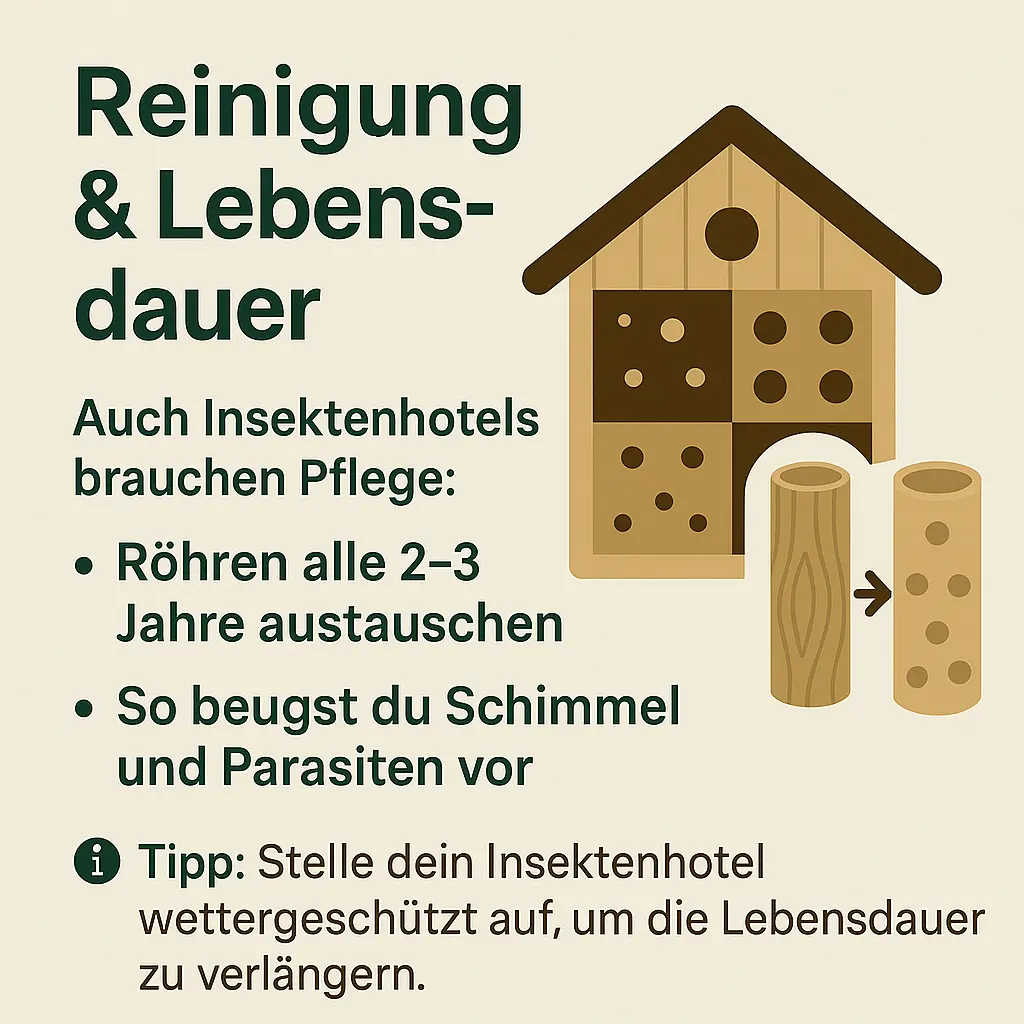 Insektenhotel mit austauschbaren Röhren und Pflegetipps.