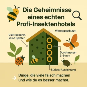 Insektenhotel mit Beschriftung und Wildbienen im Garten.