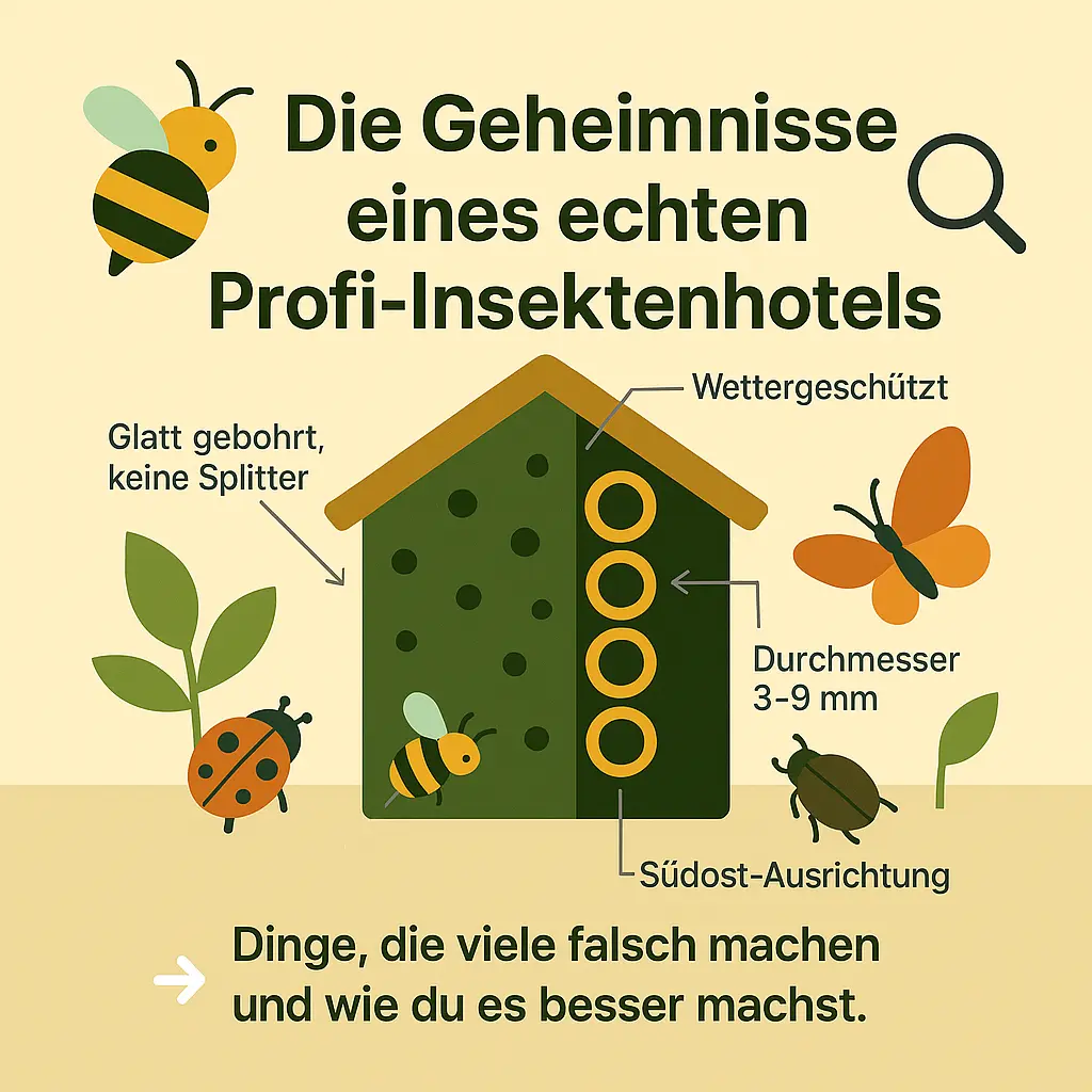 Insektenhotel mit Beschriftung und Wildbienen im Garten.