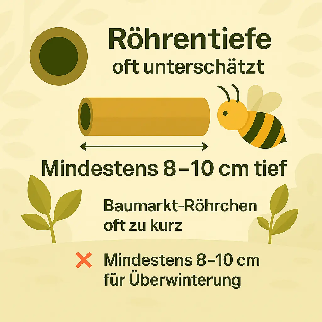 Wildbiene fliegt zu Bambusröhre mit Tiefenmarkierung.