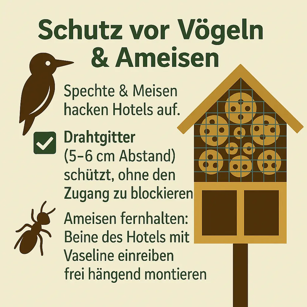 Insektenhotel mit Schutzgitter gegen Spechte und Ameisen.