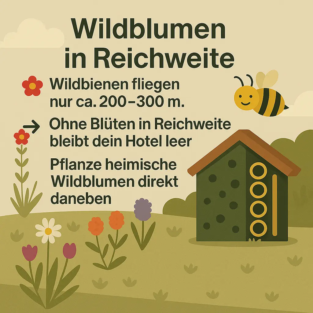 Wildbiene fliegt zu Insektenhotel neben Blumenwiese.
