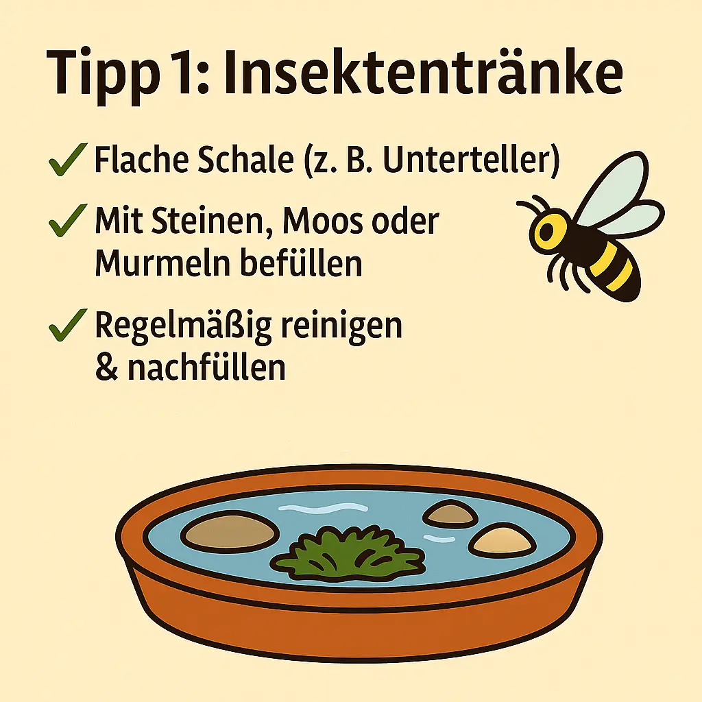 Flache Schale mit Steinen und Moos als Insektentränke.