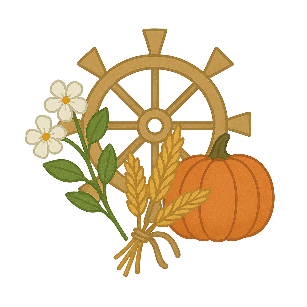 Kürbis, Ähren und Blütenrad – Symbol für Jahreskreisfeste und Naturtraditionen.