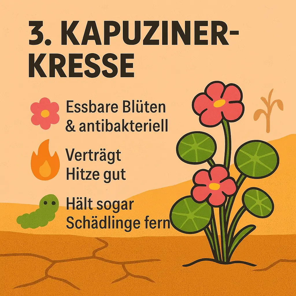 Illustration der Kapuzinerkresse mit roten Blüten und Blättern.