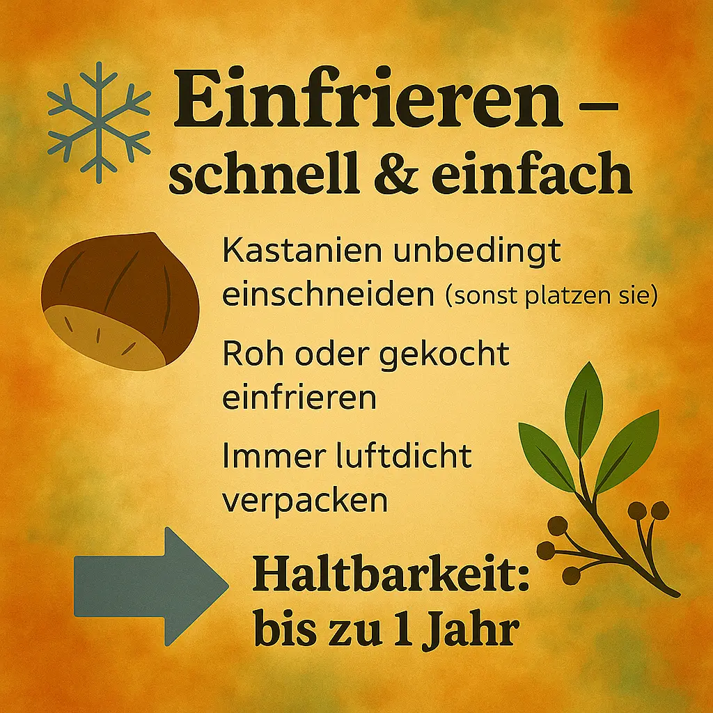 Kastanie mit Schneeflocke und Pfeil, Symbol fürs Einfrieren.