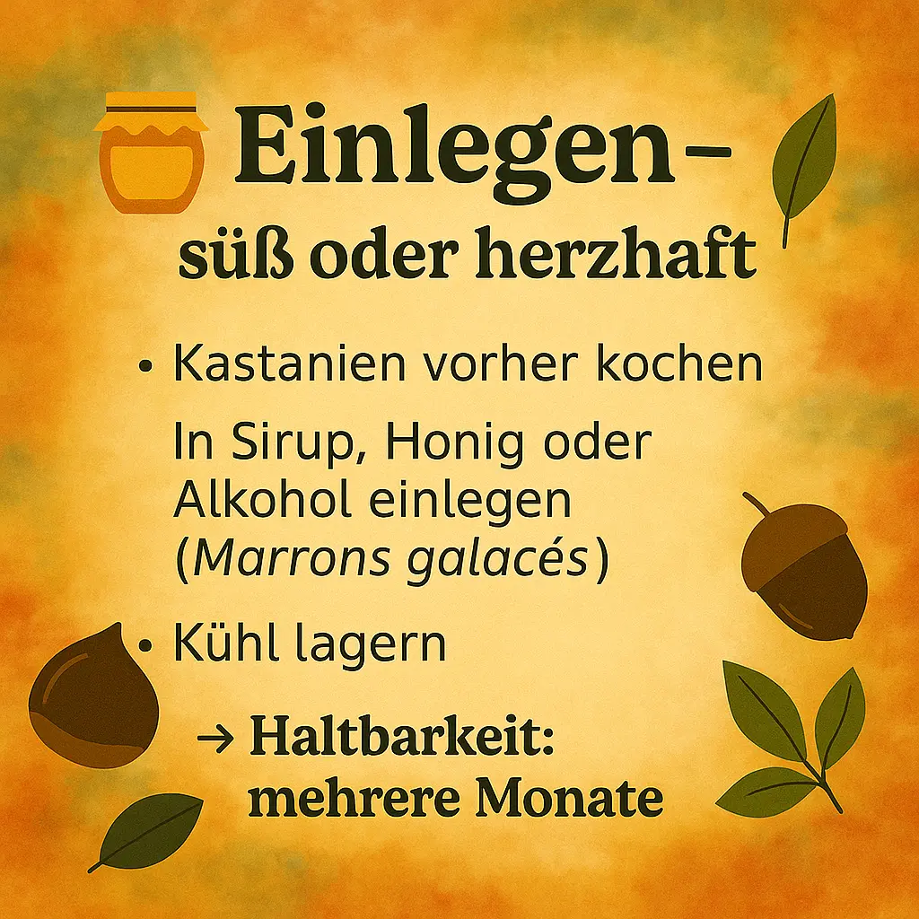 Glas mit Kastanien und Herbstblättern, Text „Einlegen süß oder herzhaft“.