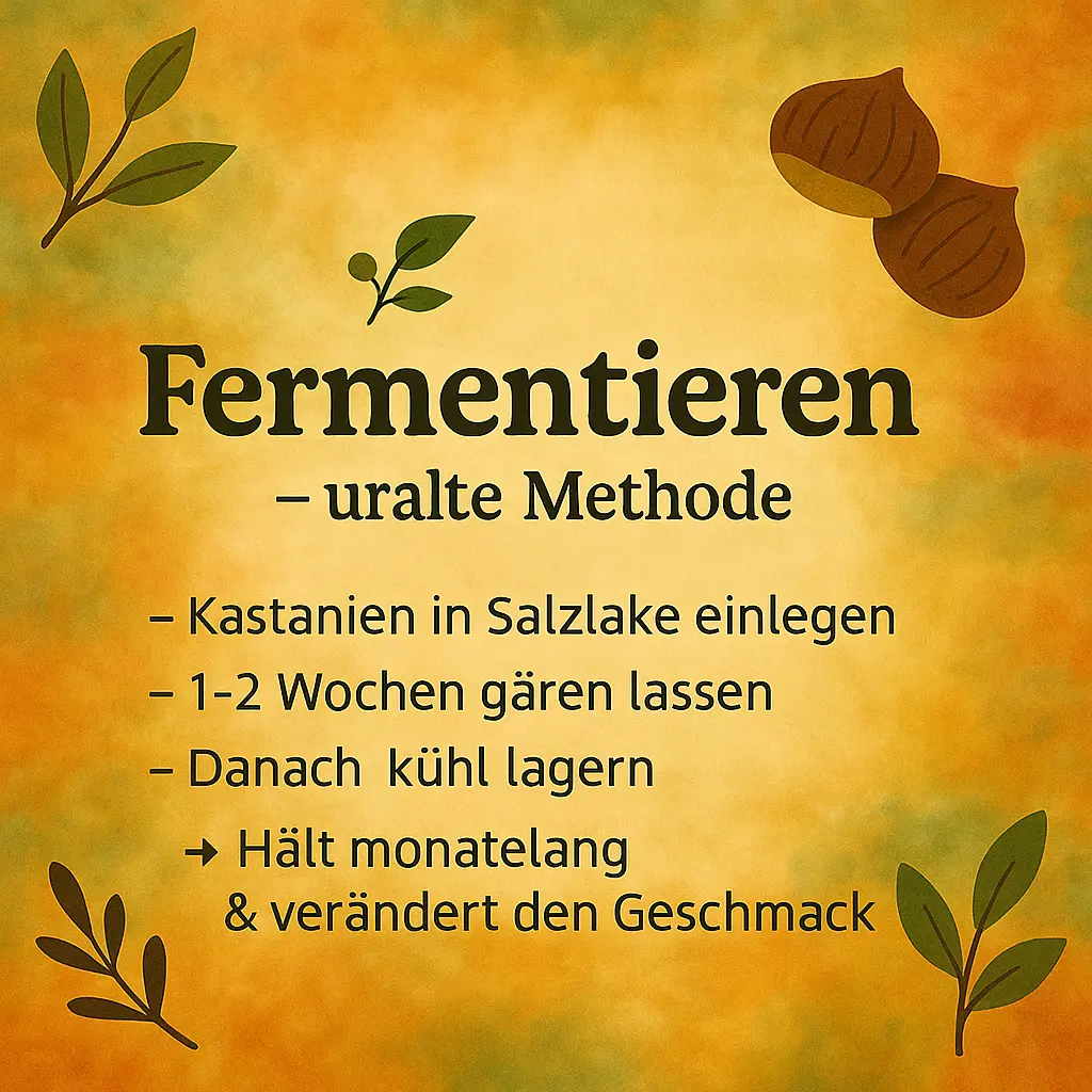 Kastanien mit Blättern und Text „Fermentieren – uralte Methode“.