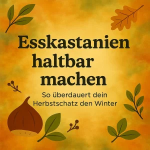 Kastanie mit Herbstlaub auf farbigem Hintergrund, Text „Kastanien haltbar machen“.