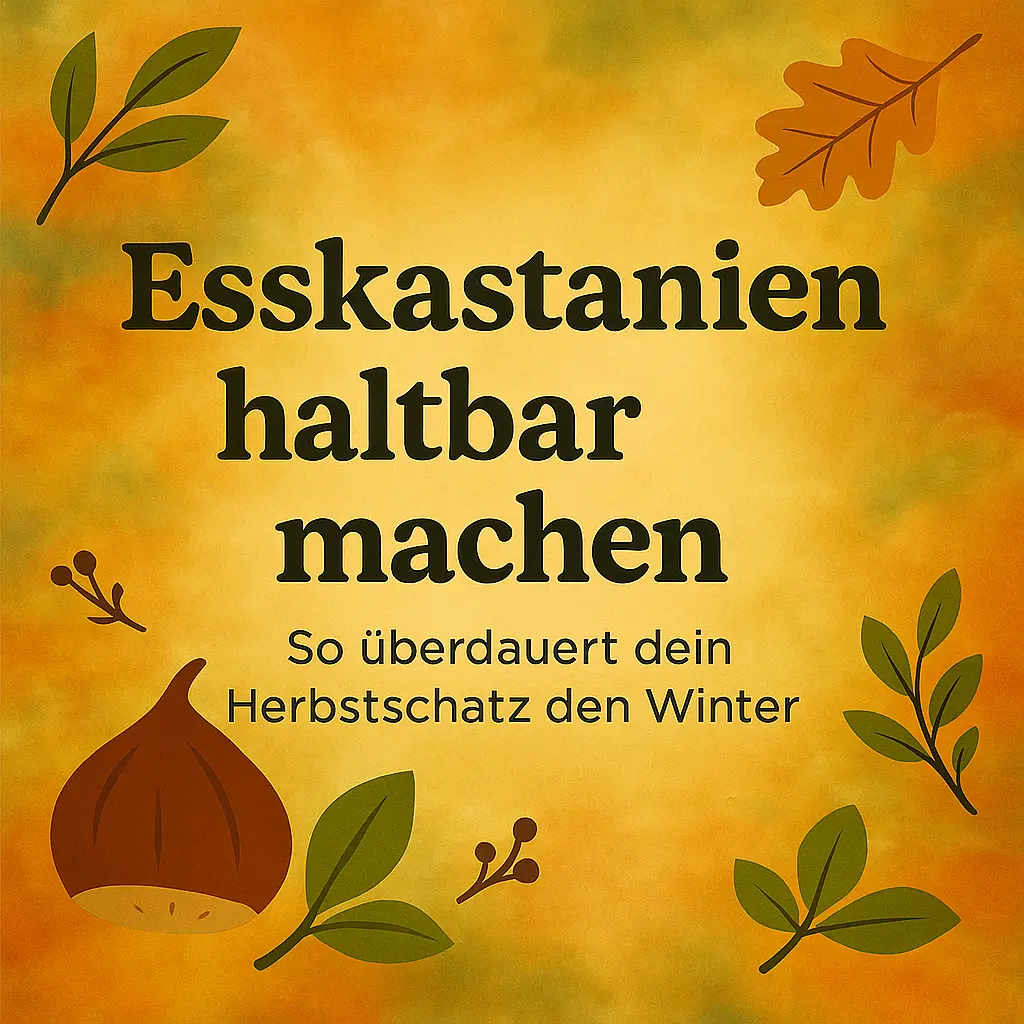 Kastanie mit Herbstlaub auf farbigem Hintergrund, Text „Kastanien haltbar machen“.