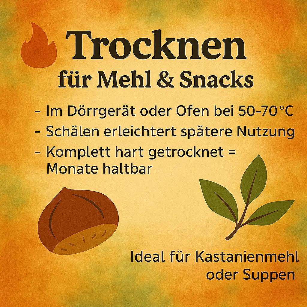Getrocknete Kastanie mit Ofensymbol und Temperaturangabe.