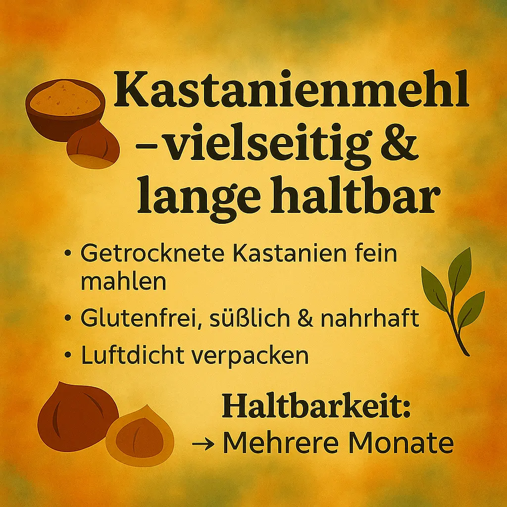 Schale mit Kastanienmehl und Blättern auf herbstlichem Hintergrund.