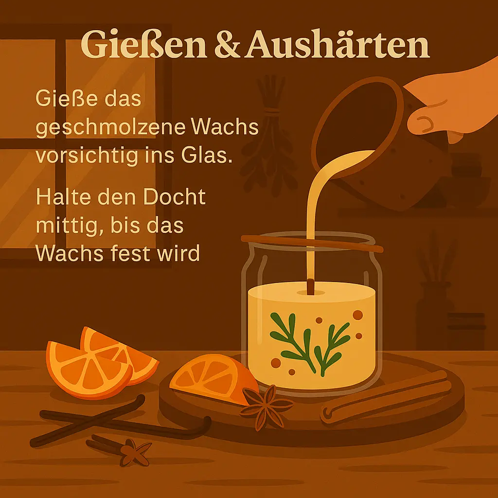 Fertige Naturkerze mit Kräutern, Orange und Zimt auf Holztisch.