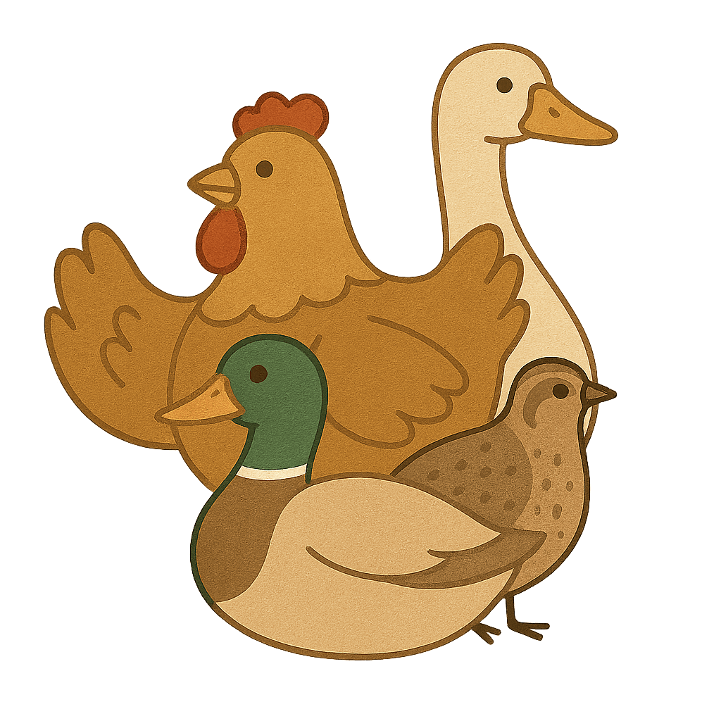 Hühner, Enten und Wachteln – Symbol für Kleintierhaltung im Garten.