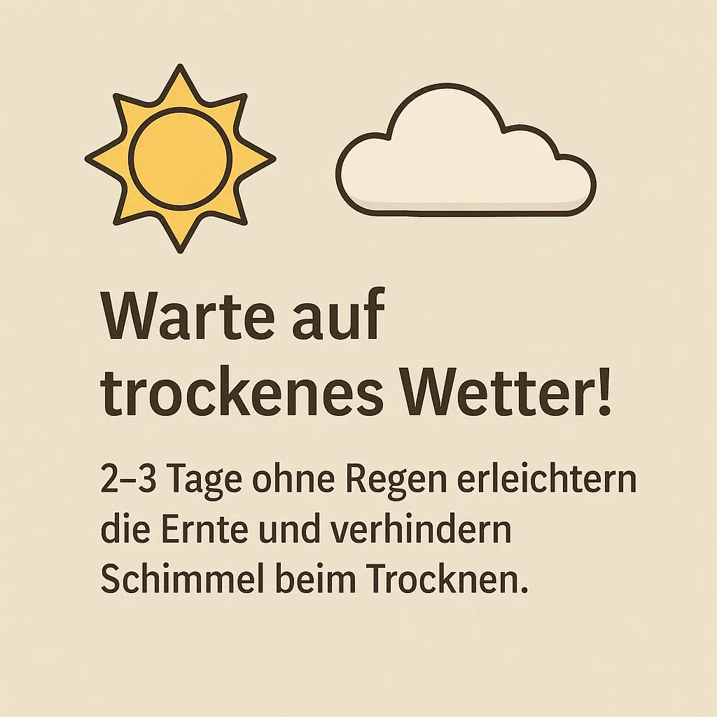 Illustration mit Sonne und Wolke, Text zur Ernte bei trockenem Wetter.