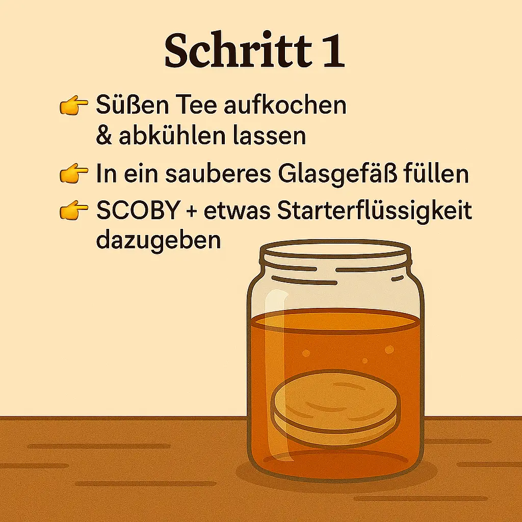Kombucha-Ansatzglas mit SCOBY.