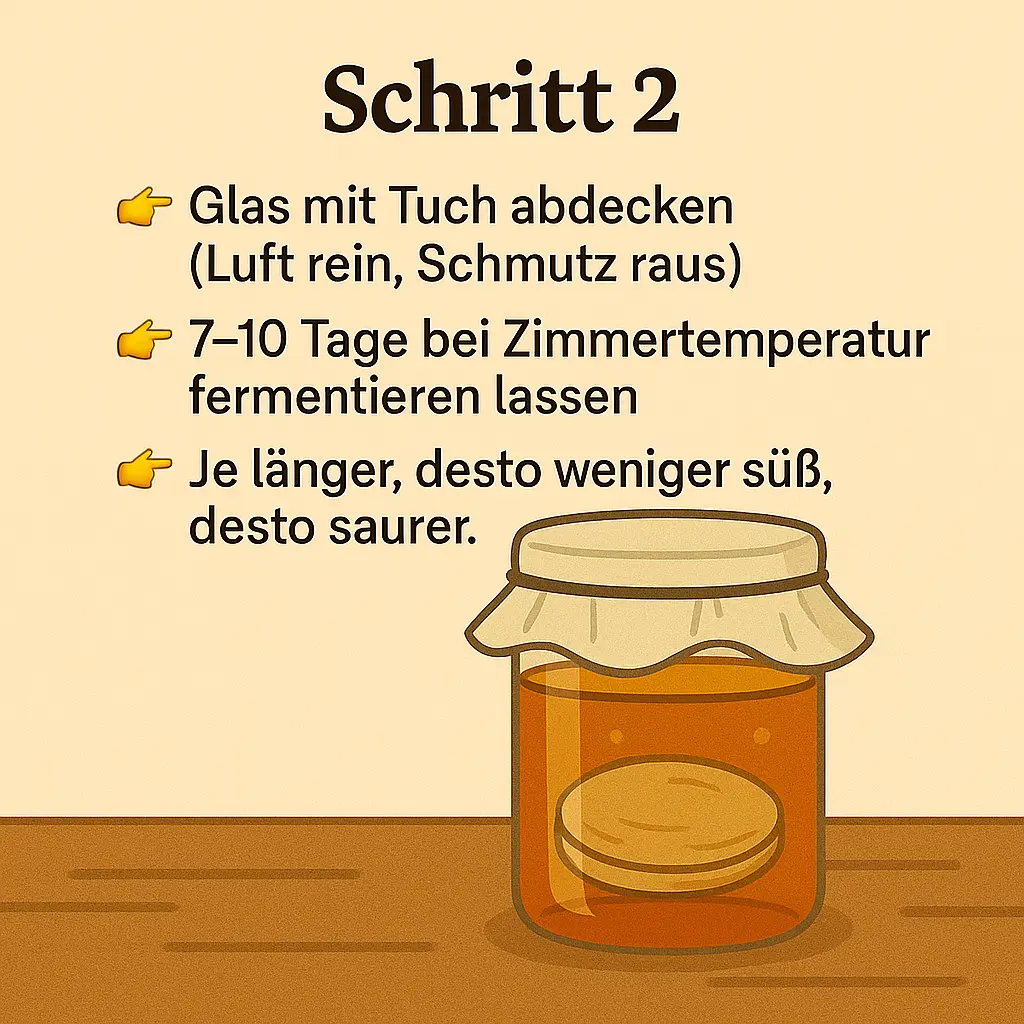 Glas mit Kombucha und Tuchabdeckung.