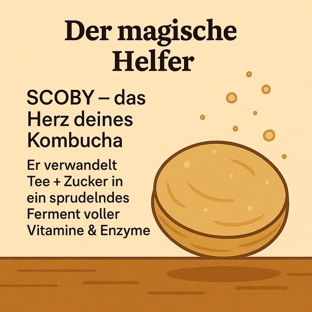 Kombucha-SCOBY als Kultur auf Holztisch.