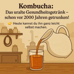 Kanne gießt Kombucha in Glas – traditionelles Fermentgetränk in Küche.