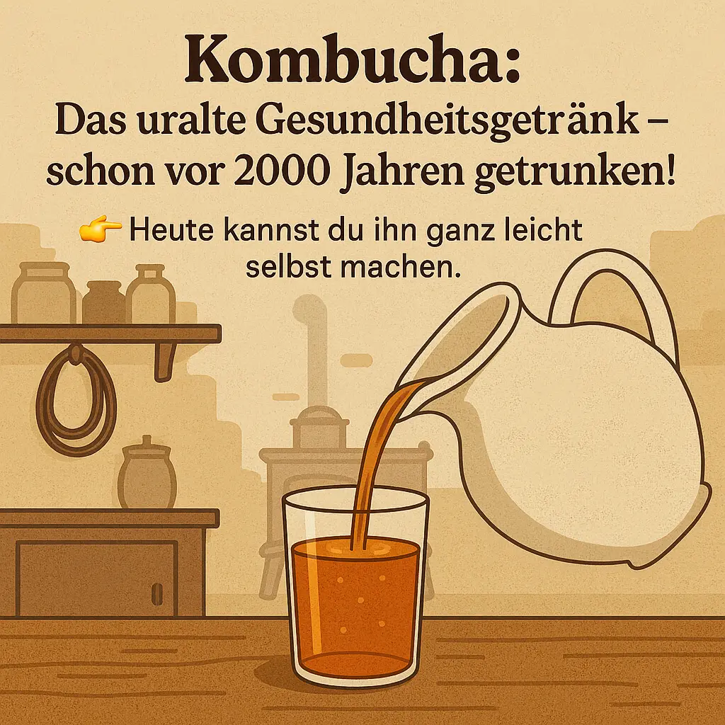 Kanne gießt Kombucha in Glas – traditionelles Fermentgetränk in Küche.