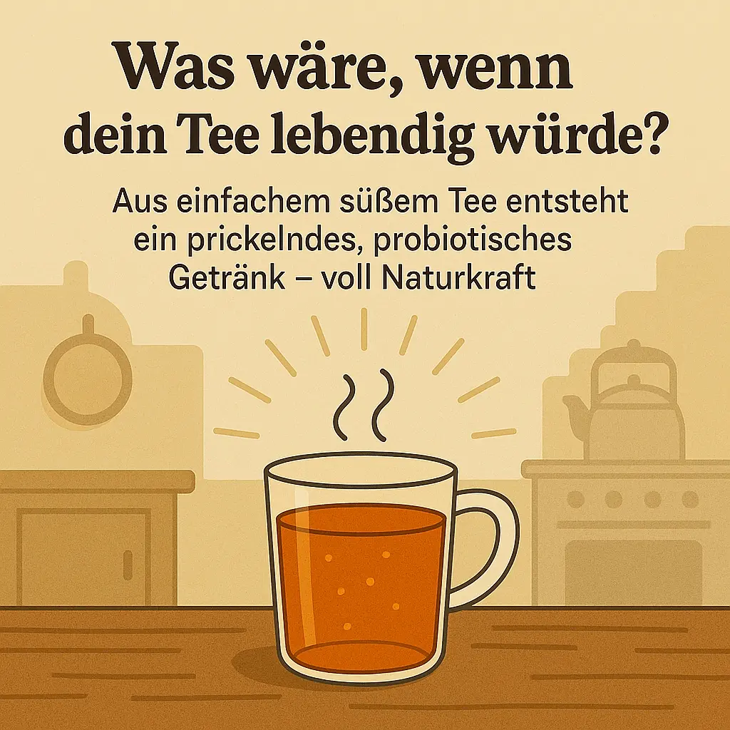 Eine dampfende Tasse Tee auf Holztisch – Symbol für natürliche Fermentation.