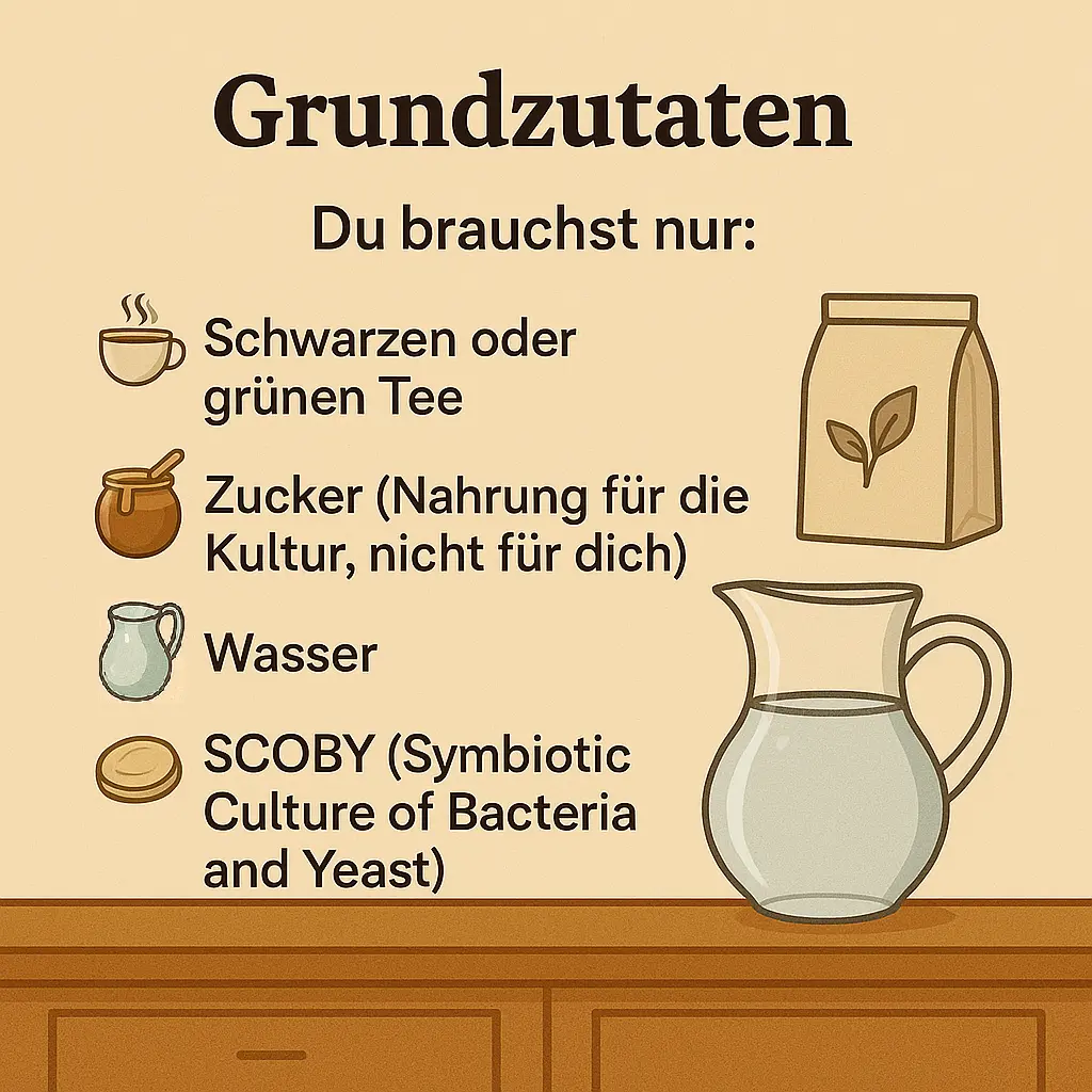 Kombucha-Zutaten – Tee, Zucker, Wasser und Scoby auf Holztisch.