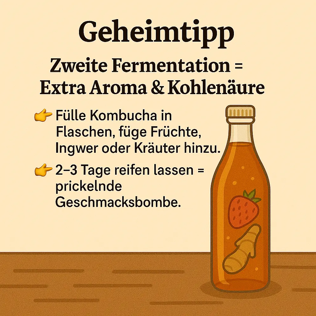 Flasche mit Kombucha, Früchten und Ingwer.