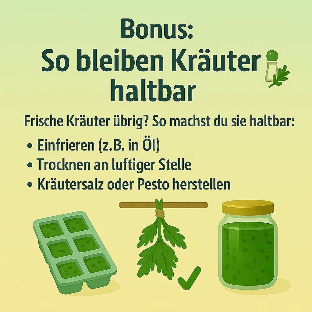 Illustration von Eiswürfelform mit Kräutern, Bündel und Pesto-Glas.