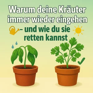 Kräuter richtig pflegen - Illustration von zwei Kräutertöpfen – einer mit welker, einer mit gesunder Pflanze.