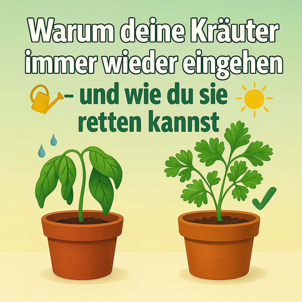 Kräuter richtig pflegen - Illustration von zwei Kräutertöpfen – einer mit welker, einer mit gesunder Pflanze.