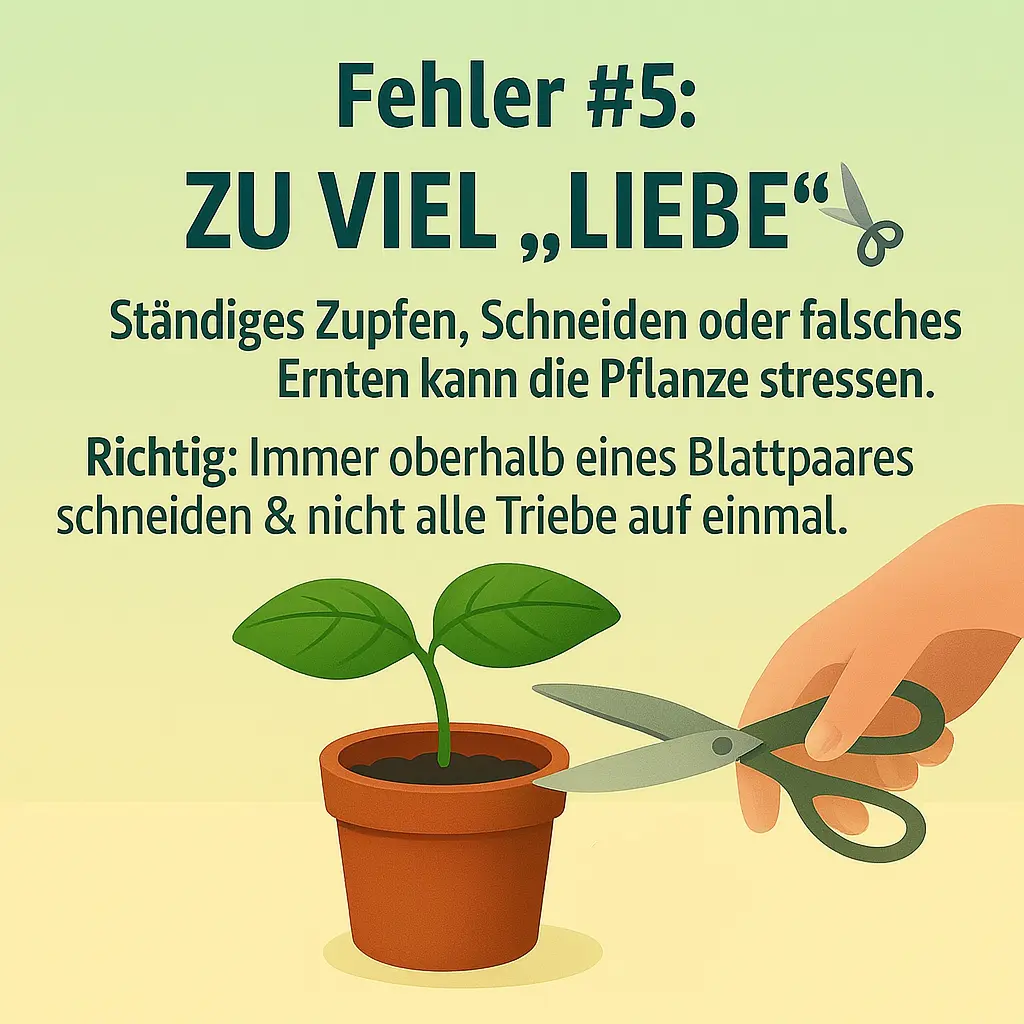 Illustration einer Hand mit Schere, die ein Blatt über einem Blattpaar abschneidet.