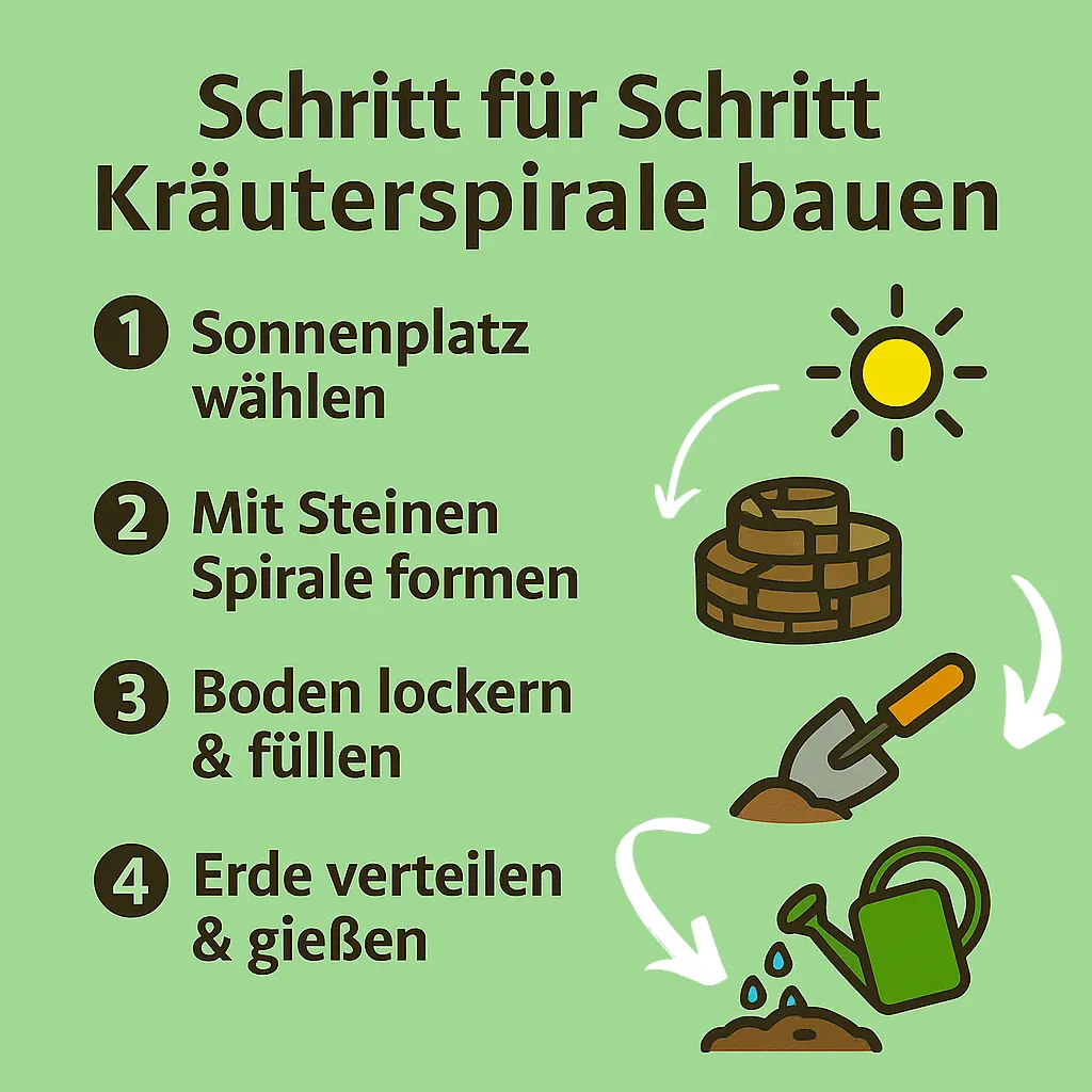 Schritt-für-Schritt-Anleitung zum Bau einer Kräuterspirale mit Steinen, Erde und Wasser