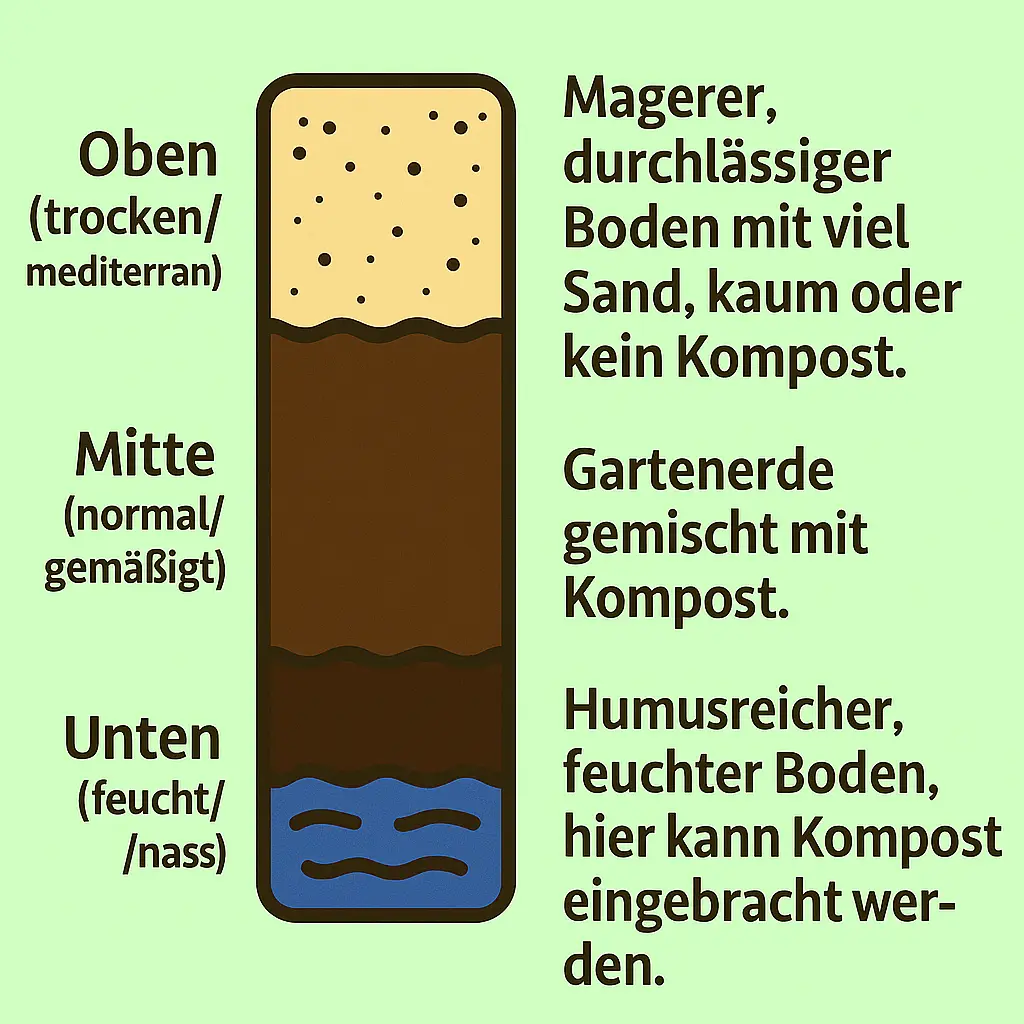 Bodenschichten einer Kräuterspirale – Sand, Erde und Kompost in Zonen