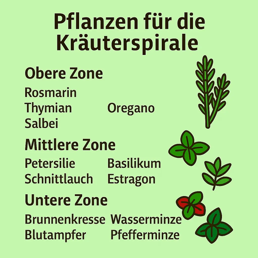 Kräuterspirale Pflanzzonen mit Rosmarin, Thymian, Basilikum und Minze