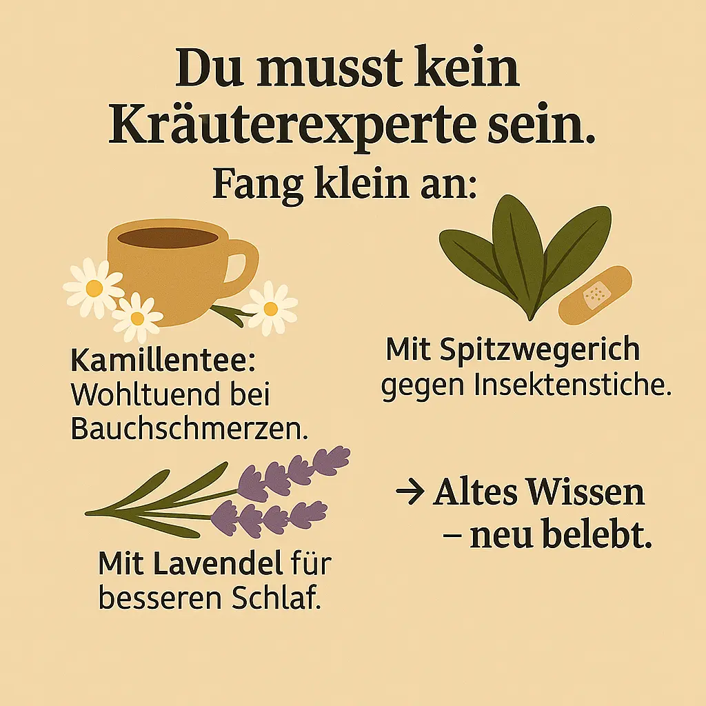 Kamillenblüte, Lavendelzweig und Spitzwegerichblätter.