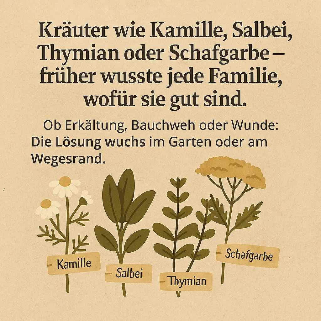 Kräuterwissen von vier Heilpflanzen mit Namensschildern.