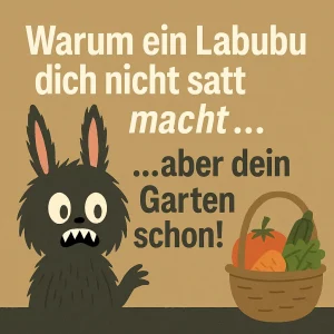 Illustration eines schwarzen Labubu-Wesens neben einem Gemüsekorb mit Tomate, Karotte und Gurke.
