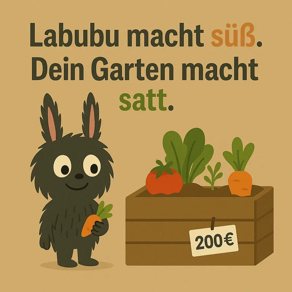 Illustration des Labubu mit einer Karotte neben einer bepflanzten Holzkiste.